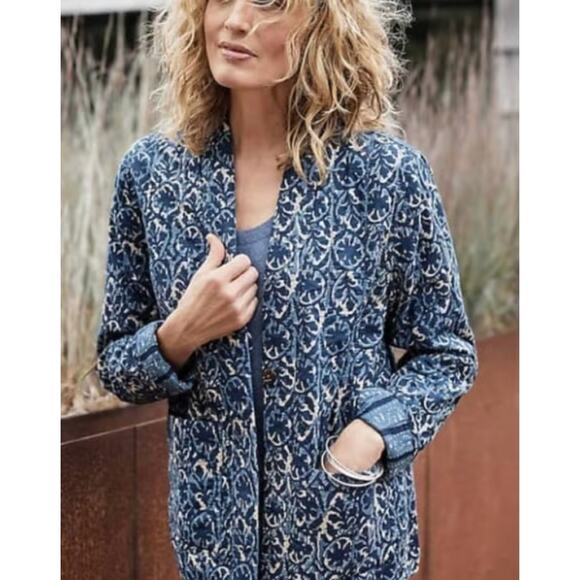 Pure J Jill Cotton 2X Reversible Quilted Jacket Blue Pockets Artsy Lagenlook - Picture 1 of 12